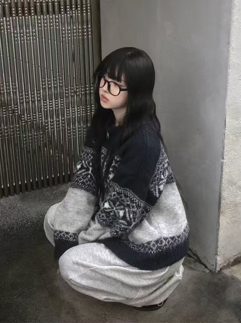 한 부서 레트로 공정한 섬 자카드 니트 스웨터 여성 가을 겨울철 새로운 부드러운 찹쌀 지퍼 다용도 오픈 가디건 루즈핏 스웨터 상세 이미지 5