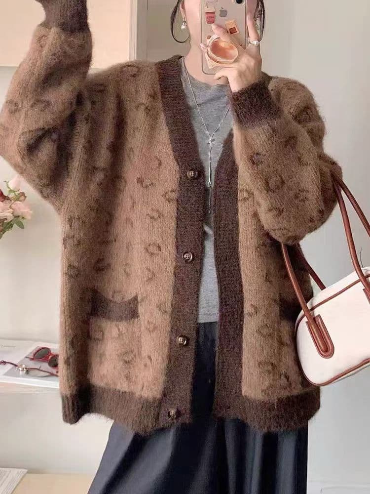 레오파드 무늬 양모 니트 오픈 가디건 가을 겨울 레트로 명중 커피 색상 루즈핏 V넥 스웨터 여성 코트 상세 이미지 4