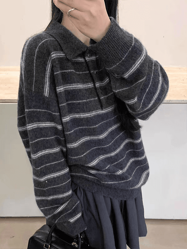 한 부서 레트로 스트라이프 POLO 셔츠 폴로 칼라 니트 스웨터 긴팔 여성 가을 겨울 고급 센스 풀오버 인사이드 잡아라. 의류 상세 이미지 3