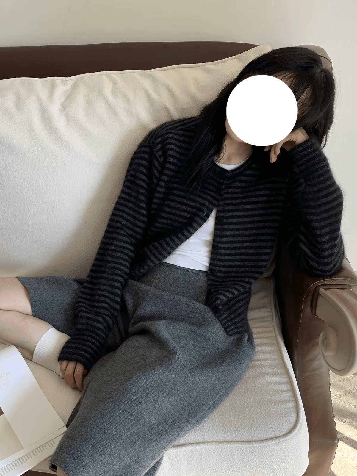 한 부서 레트로 블랙 회색 스트라이프 긴팔 니트 오픈 가디건 여성 가을 얇은 스타일 스웨터 코트 스택 착용 외부 가져 가라. 짧은 맨위 상세 이미지 4