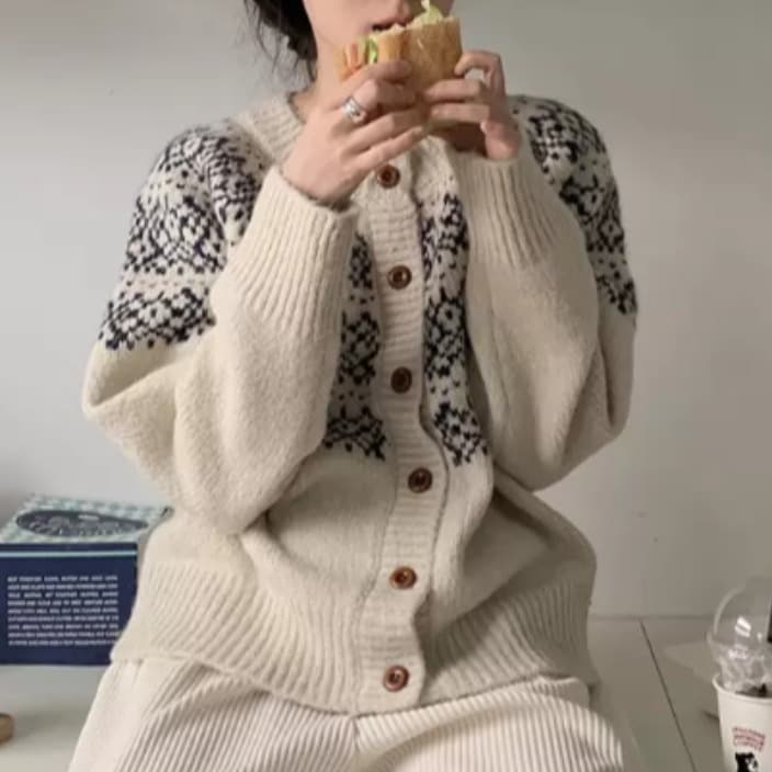 한 부서 판 수수료 레트로 자카드 라운드 넥 오픈 가디건 가을 겨울 찹쌀 프로 피부 루즈핏 니트 느긋한 스웨터 코트 맨위 여성 이미지 2