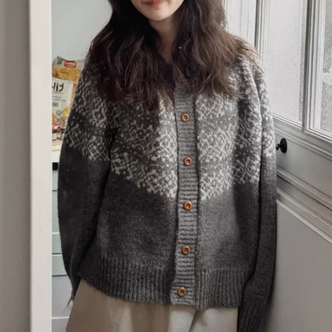 한 부서 판 수수료 레트로 자카드 라운드 넥 오픈 가디건 가을 겨울 찹쌀 프로 피부 루즈핏 니트 느긋한 스웨터 코트 맨위 여성 상세 이미지 3