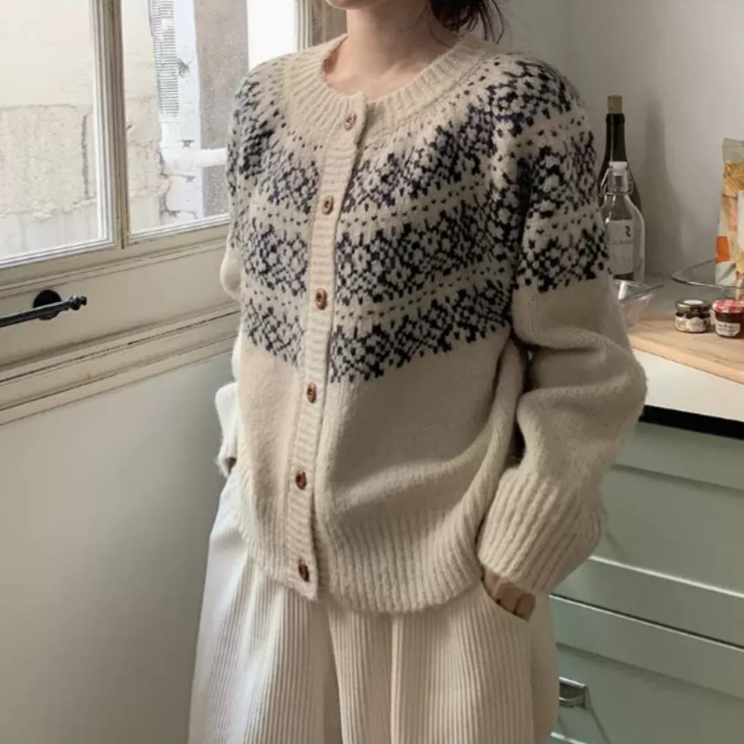 한 부서 판 수수료 레트로 자카드 라운드 넥 오픈 가디건 가을 겨울 찹쌀 프로 피부 루즈핏 니트 느긋한 스웨터 코트 맨위 여성 상세 이미지 4