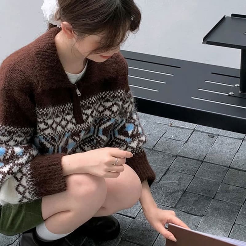 레트로 가을 겨울 새로운 공정한 섬 느긋한 지퍼 두꺼운 스웨터 폴로 칼라 루즈핏 자카드 니트 스웨터 맨위 재킷 이미지 2