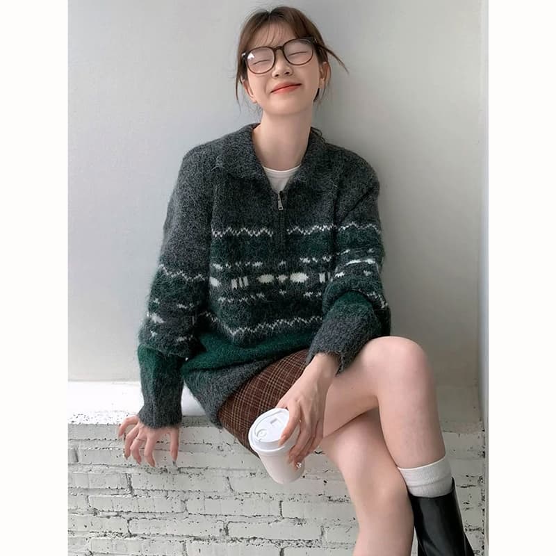 레트로 가을 겨울 새로운 공정한 섬 느긋한 지퍼 두꺼운 스웨터 폴로 칼라 루즈핏 자카드 니트 스웨터 맨위 재킷 이미지 4