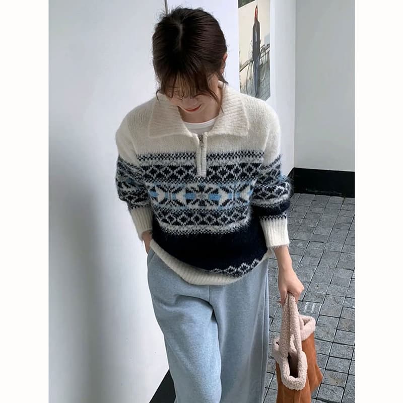 레트로 가을 겨울 새로운 공정한 섬 느긋한 지퍼 두꺼운 스웨터 폴로 칼라 루즈핏 자카드 니트 스웨터 맨위 재킷 이미지 5