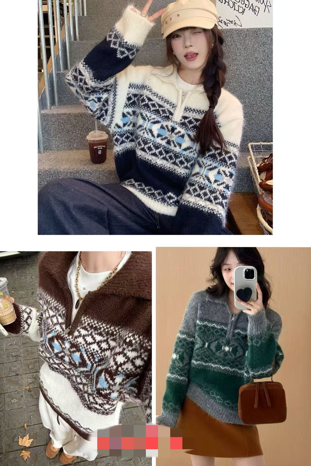 레트로 가을 겨울 새로운 공정한 섬 느긋한 지퍼 두꺼운 스웨터 폴로 칼라 루즈핏 자카드 니트 스웨터 맨위 재킷 상세 이미지 1
