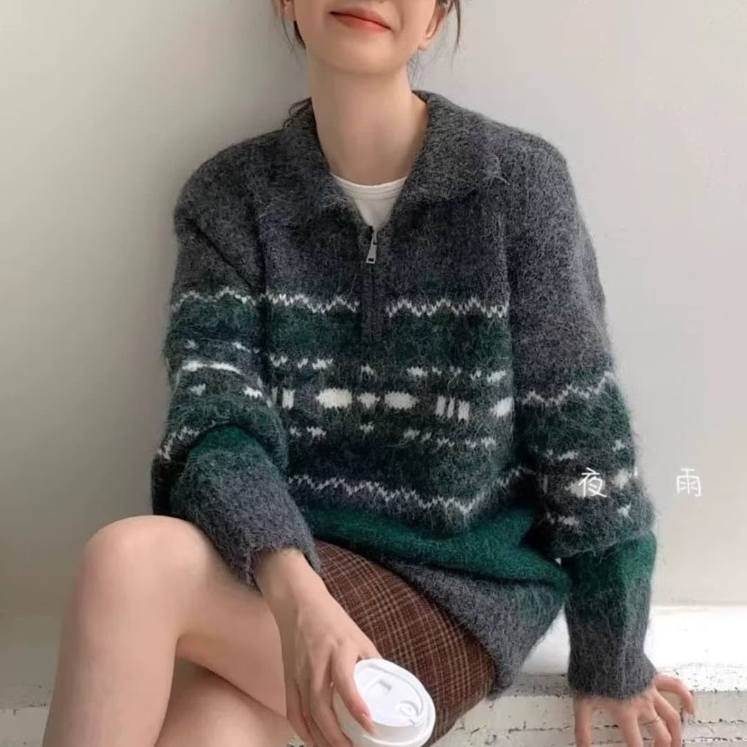 레트로 가을 겨울 새로운 공정한 섬 느긋한 지퍼 두꺼운 스웨터 폴로 칼라 루즈핏 자카드 니트 스웨터 맨위 재킷 상세 이미지 2