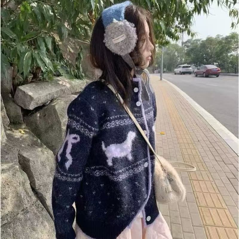 한 부서 강아지 자카드 부드러운 찹쌀 스웨터 오픈 가디건 여성 가을 겨울 새로운 루즈핏 느긋한 바람 공정한 섬 니트 스웨터 재킷 상세 이미지 3
