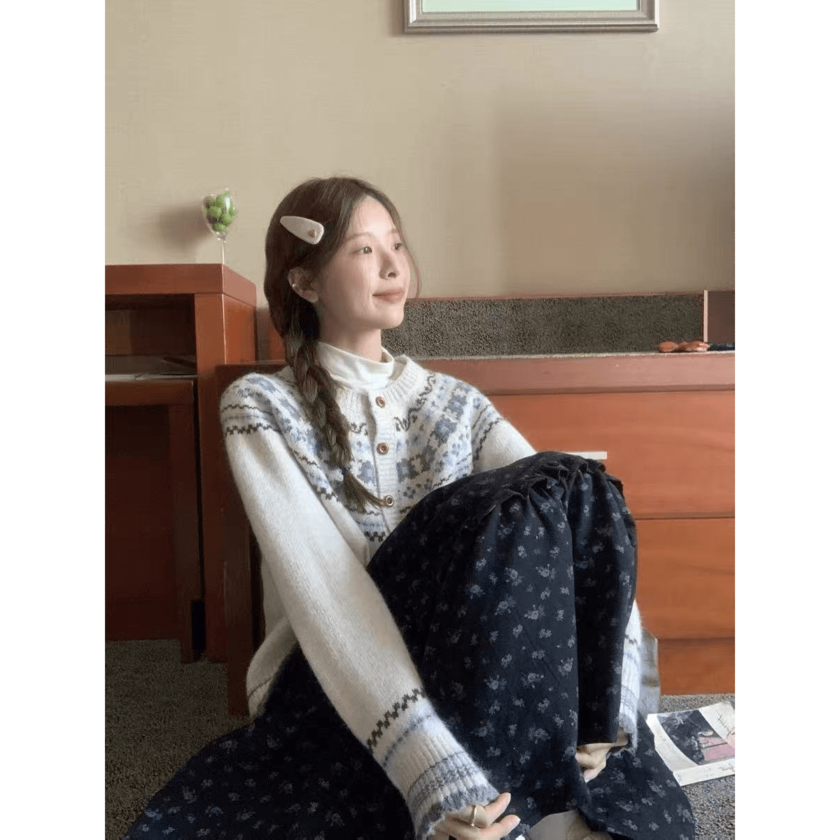 살구 색상 라운드 넥 쇼트 스타일 공정한 섬 니트 스웨터 오픈 가디건 여성 2026 가을 느긋한 부드러운 찹쌀 루즈핏 재킷 이미지 5