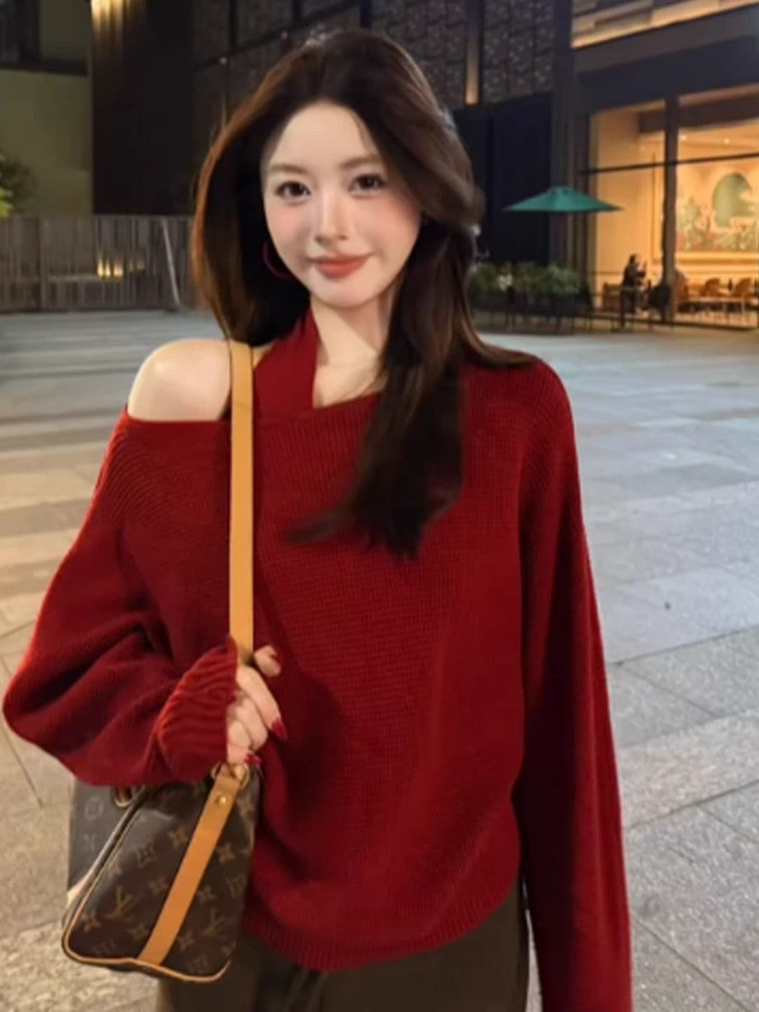 2026 슈퍼 화재 ootd 착용 가져 가라. 전체 집합 신년 착용 가져 가라. 빨간색 오프숄더 스웨터 행침 목 조끼 투피스 슈트 이미지 3