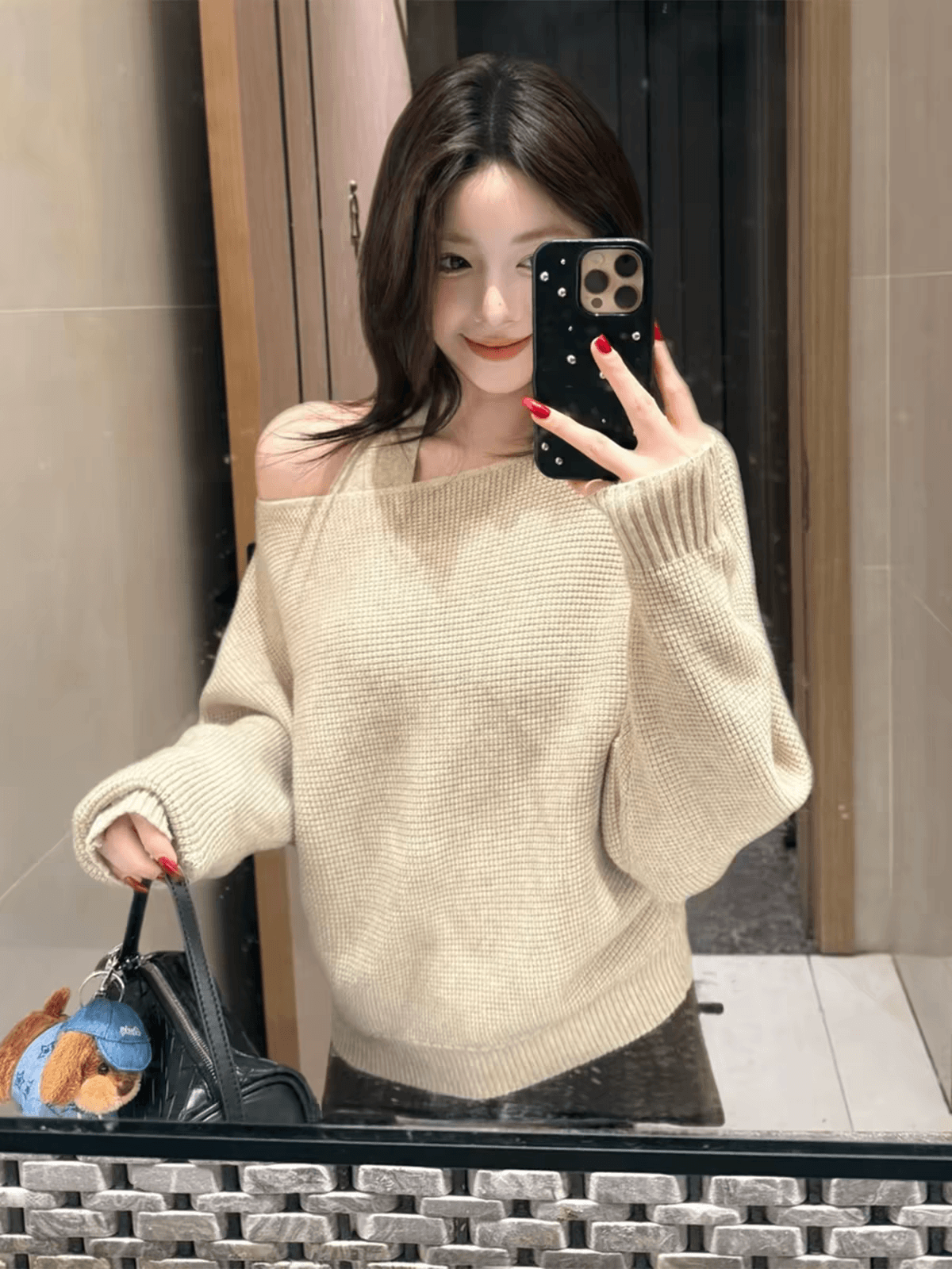 한 부서 착용 가져 가라. 디자인 센스 오프숄더 스웨터 여자 가을 겨울철 루즈핏 느긋한 니트 행침 목 슬립 맨위 투피스 세트 이미지 4