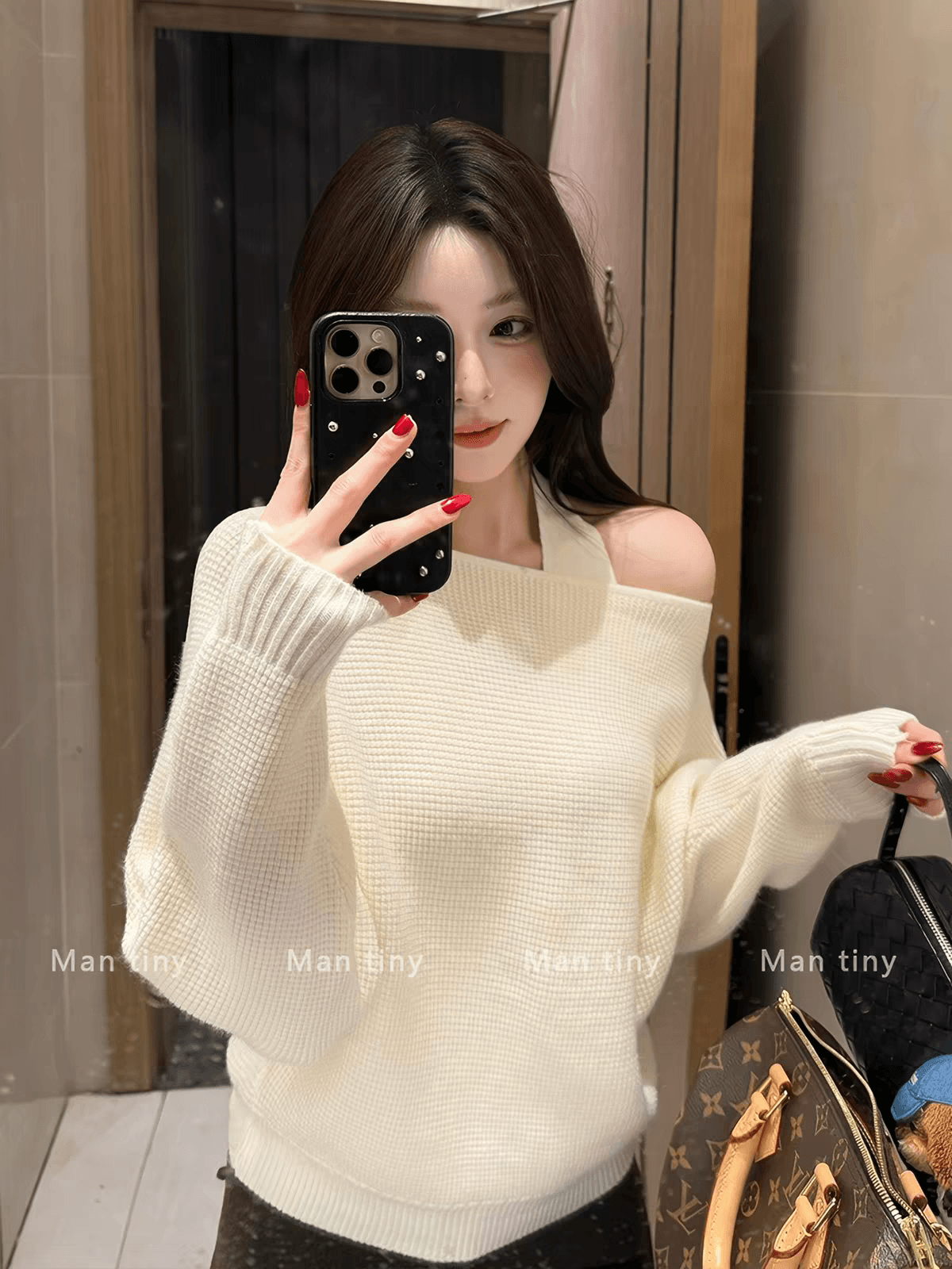 한 부서 착용 가져 가라. 디자인 센스 오프숄더 스웨터 여자 가을 겨울철 루즈핏 느긋한 니트 행침 목 슬립 맨위 투피스 세트 상세 이미지 4