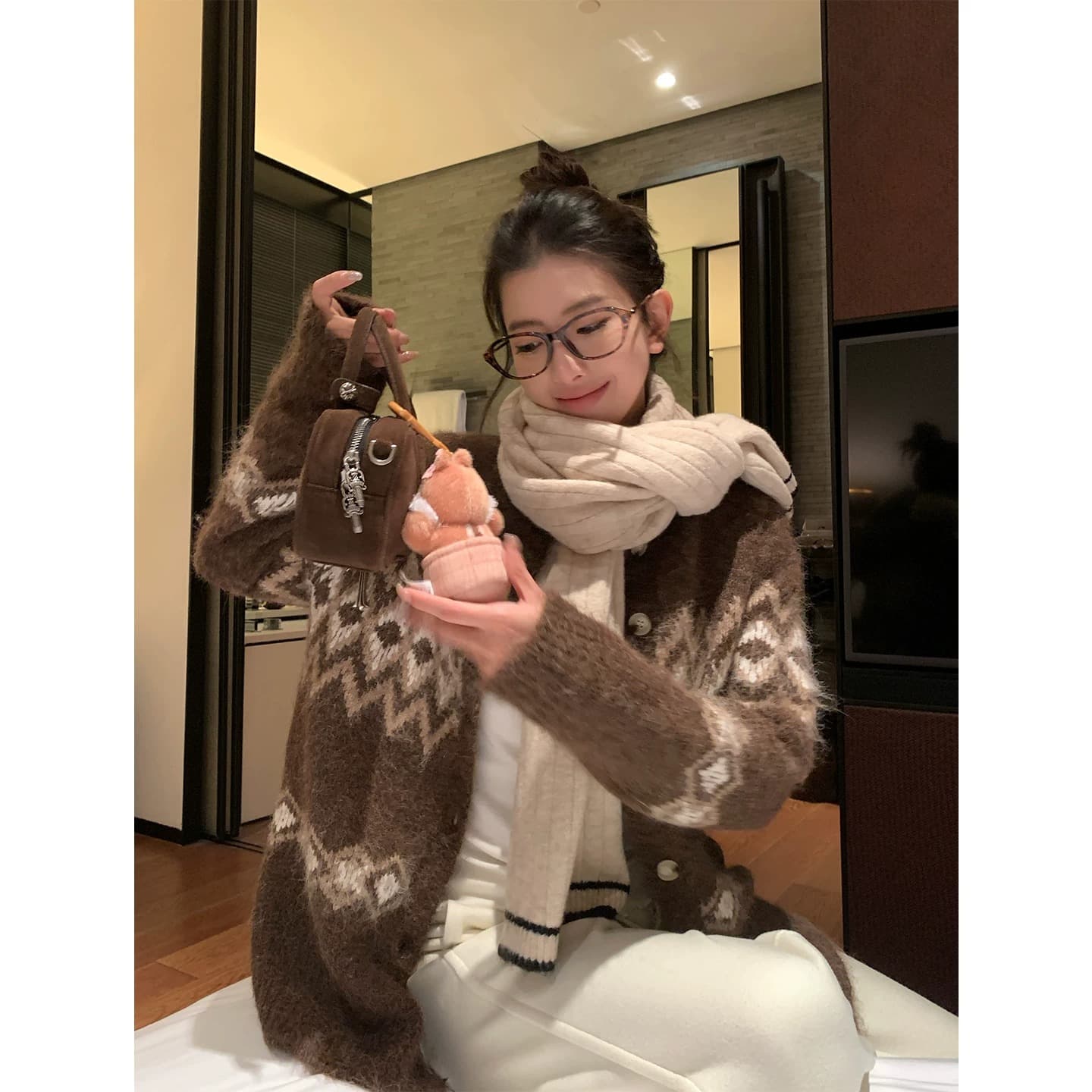 한국 스타일 양모 공정한 섬 자카드 스웨터 오픈 가디건 여성 겨울 두꺼운 루즈핏 다용도 슬림해 보이는 니트 재킷 이미지 3