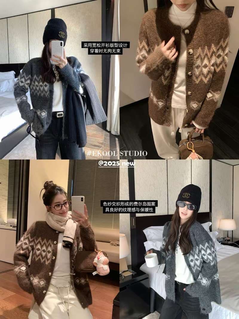 한국 스타일 양모 공정한 섬 자카드 스웨터 오픈 가디건 여성 겨울 두꺼운 루즈핏 다용도 슬림해 보이는 니트 재킷 상세 이미지 1