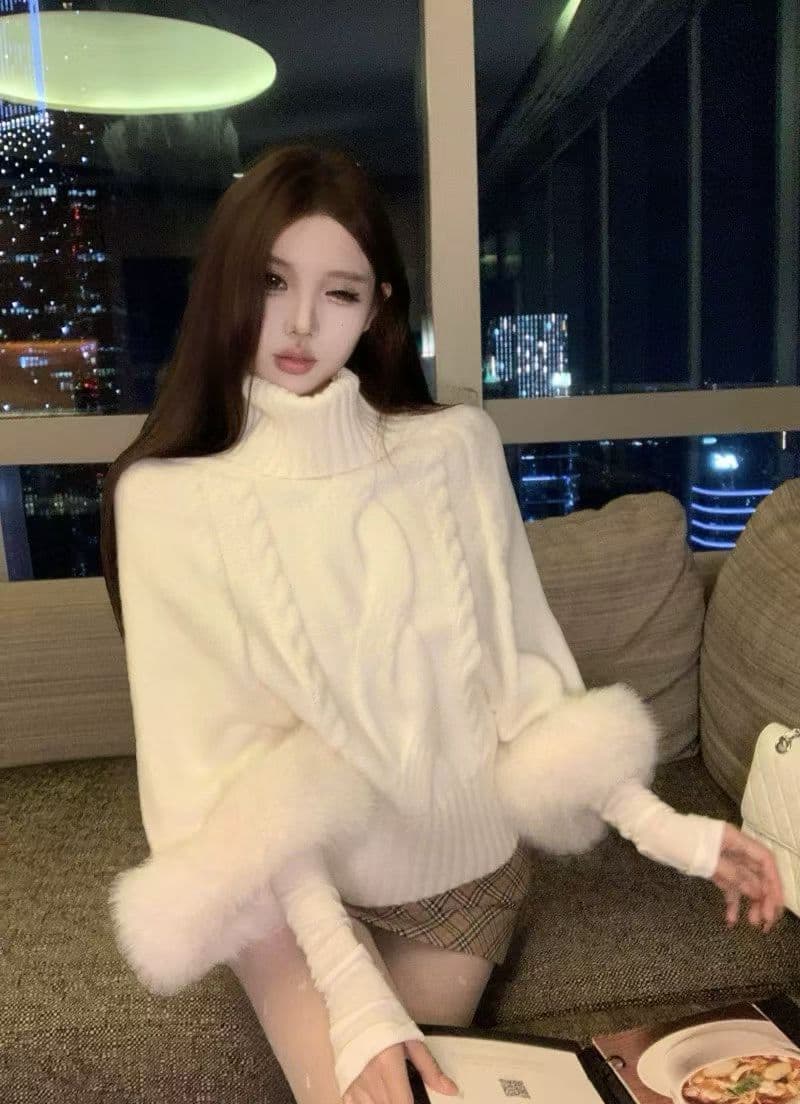 한 부서 가을 겨울 오프숄더 꽈배기 풀오버 탈착식 여우털 커프스 루즈핏 두꺼운 바늘 니트 스웨터