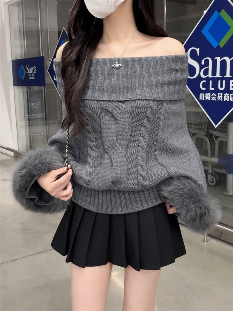 한 부서 가을 겨울 오프숄더 꽈배기 풀오버 탈착식 여우털 커프스 루즈핏 두꺼운 바늘 니트 스웨터 이미지 3