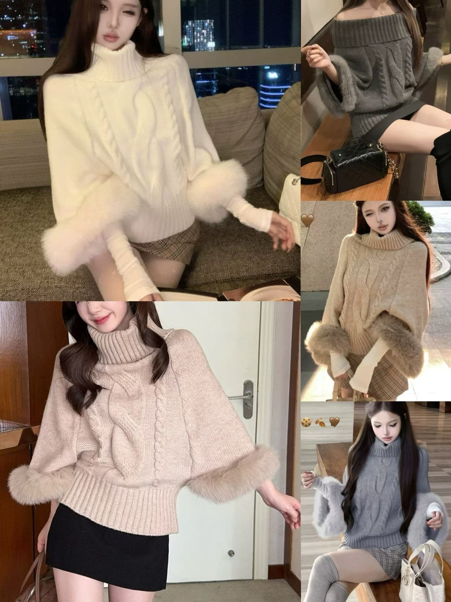 한 부서 가을 겨울 오프숄더 꽈배기 풀오버 탈착식 여우털 커프스 루즈핏 두꺼운 바늘 니트 스웨터 상세 이미지 3