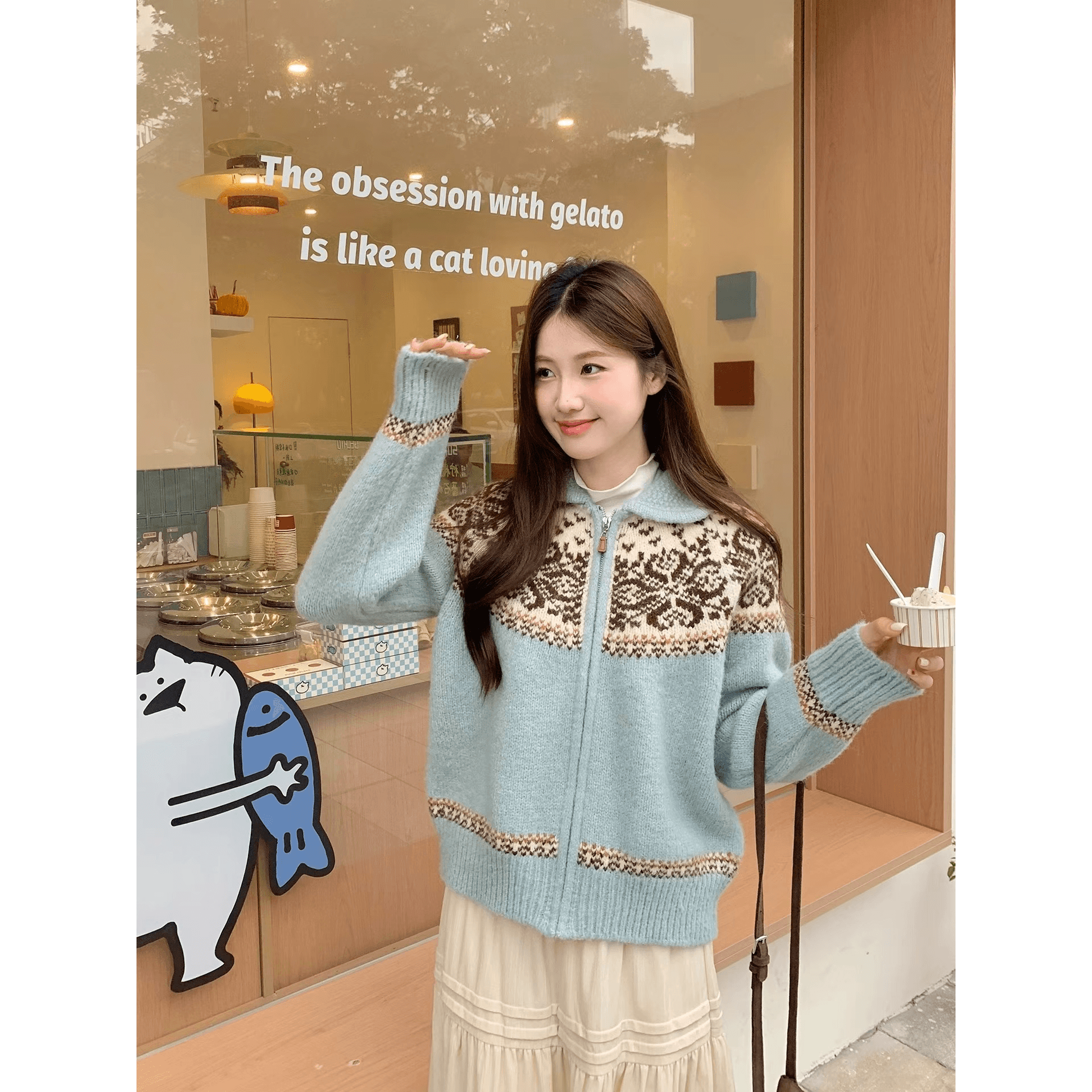 파란색 공정한 섬 자카드 폴로 칼라 스웨터 오픈 가디건 여성 코트 가을 겨울 두꺼운 느긋한 바람 니트 맨위 이미지 5