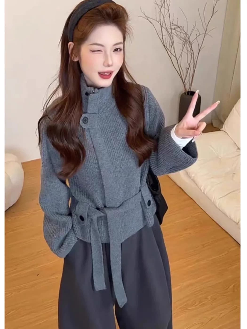 프랑스식 터틀넥 녹색 스웨터 오픈 가디건 여성 가을 겨울 두꺼운 보온 느긋한 바람 허리 수축 스트랩 스탠드 칼라 니트 재킷