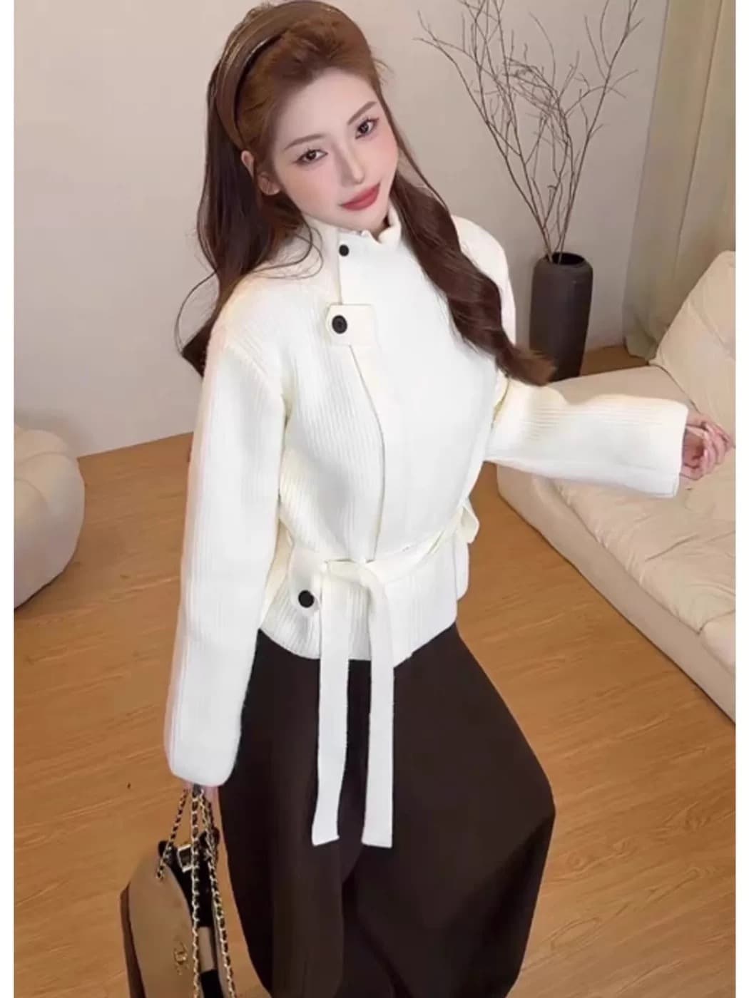 프랑스식 터틀넥 녹색 스웨터 오픈 가디건 여성 가을 겨울 두꺼운 보온 느긋한 바람 허리 수축 스트랩 스탠드 칼라 니트 재킷 상세 이미지 2