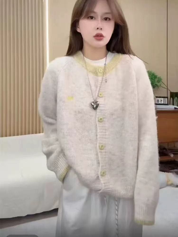 배색 한 부서 레트로 니트 오픈 가디건 여성 가을 새로운 디자인 센스 작은 대중 다용도 부드러운 찹쌀 스웨터 코트 이미지 4