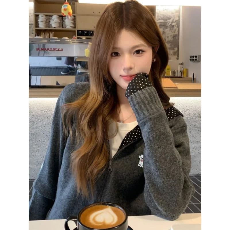 한 부서 패션 도트 무늬 패치워크 디자인 센스 후드 스웨터 오픈 가디건 가을 겨울 루즈핏 학원 지퍼 니트 여성 코트 상세 이미지 6