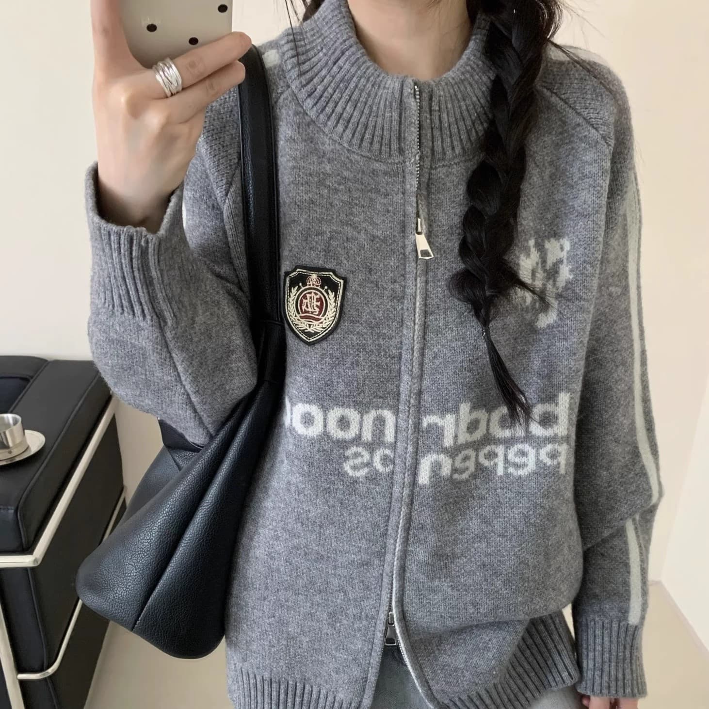 oversize 야구 유니폼 폴로 칼라 지퍼 스웨터 오픈 가디건 여성 재킷 가을 의상 새로운 한국 스타일 루즈핏 니트 스웨터 상세 이미지 2