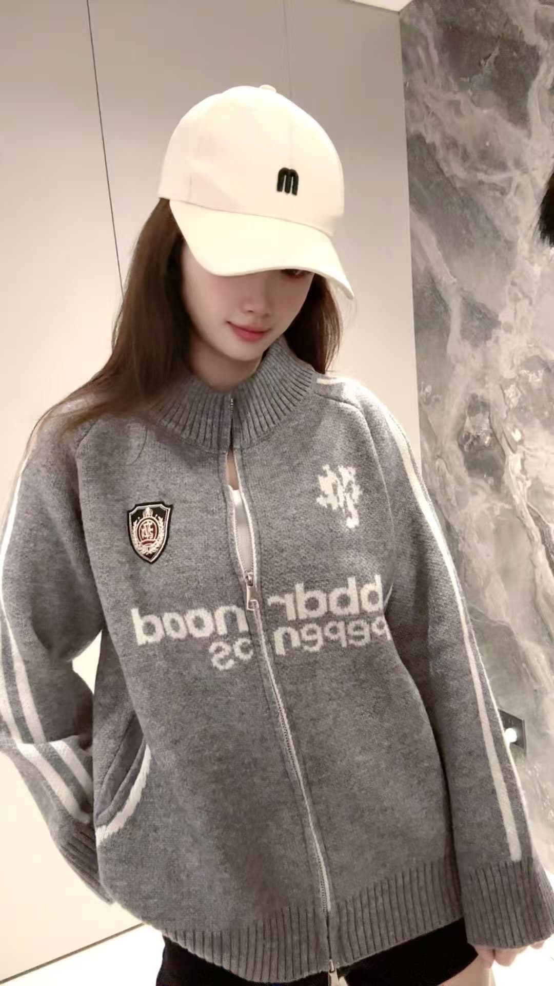 oversize 야구 유니폼 폴로 칼라 지퍼 스웨터 오픈 가디건 여성 재킷 가을 의상 새로운 한국 스타일 루즈핏 니트 스웨터 상세 이미지 7