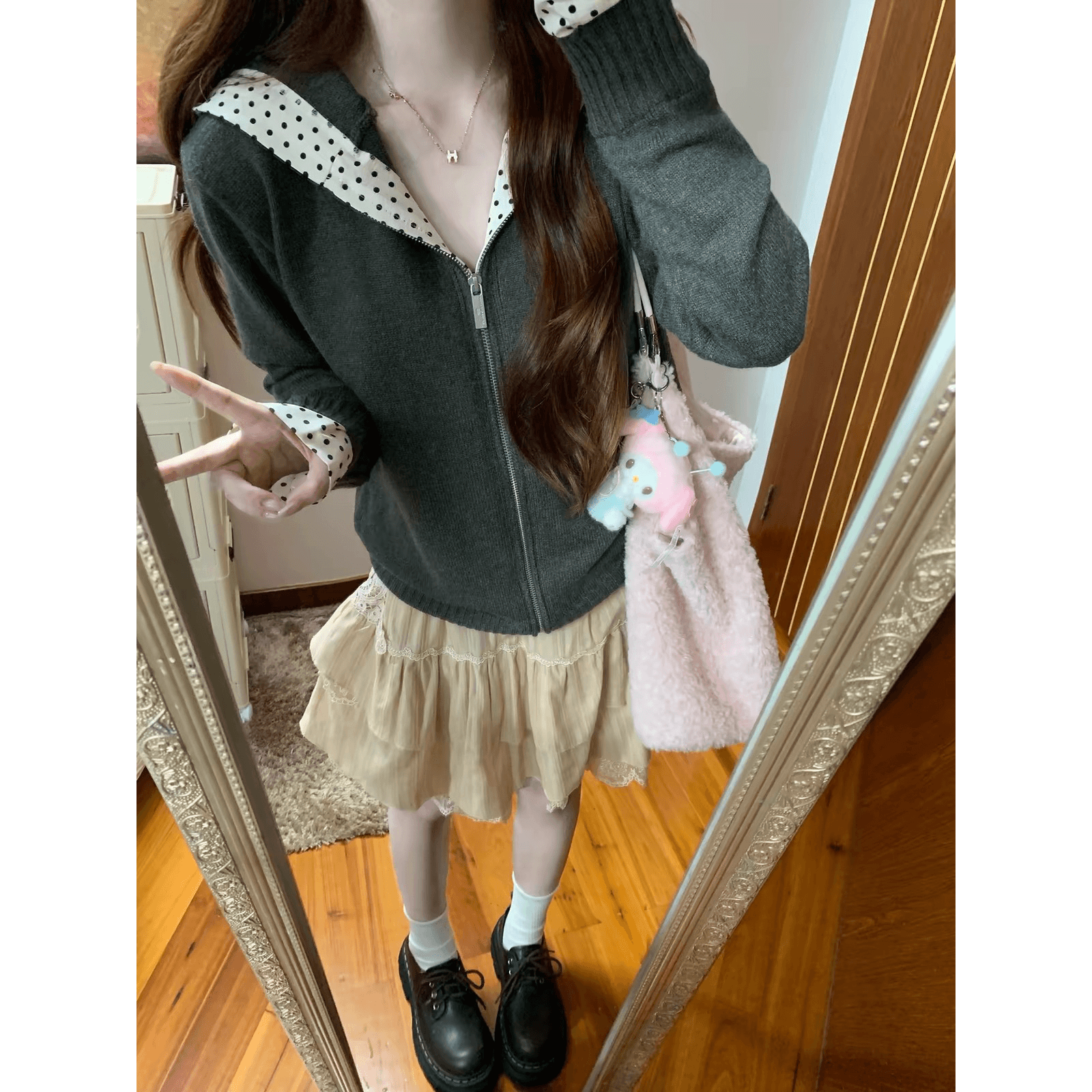 한 부서 도트 무늬 배색 후드티 패치워크 디자인 센스 후드 스웨터 오픈 가디건 여성 이른 가을 루즈핏 지퍼 니트 재킷 이미지 5