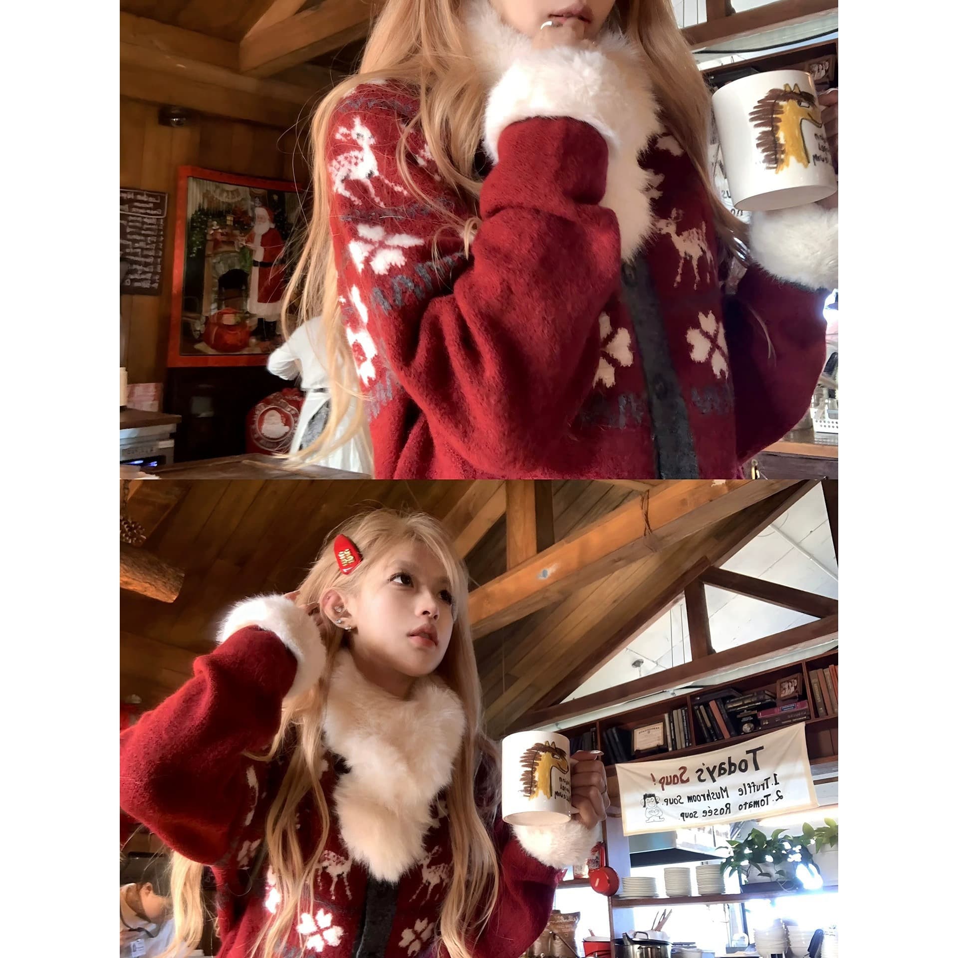 ceezzzi 작은 사슴 스팟 ~보다 탈착식 모피 칼라 공정한 섬 빨간색 스웨터 코트 여성 뜨개질 오픈 가디건 맨위 이미지 5