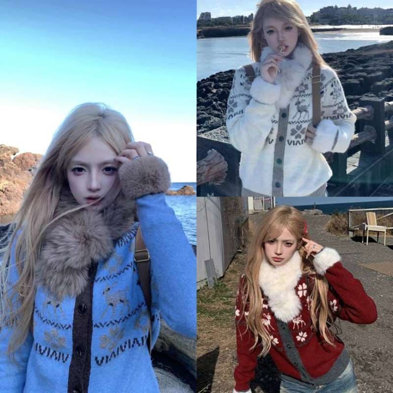 ceezzzi 작은 사슴 스팟 ~보다 탈착식 모피 칼라 공정한 섬 빨간색 스웨터 코트 여성 뜨개질 오픈 가디건 맨위 상세 이미지 1