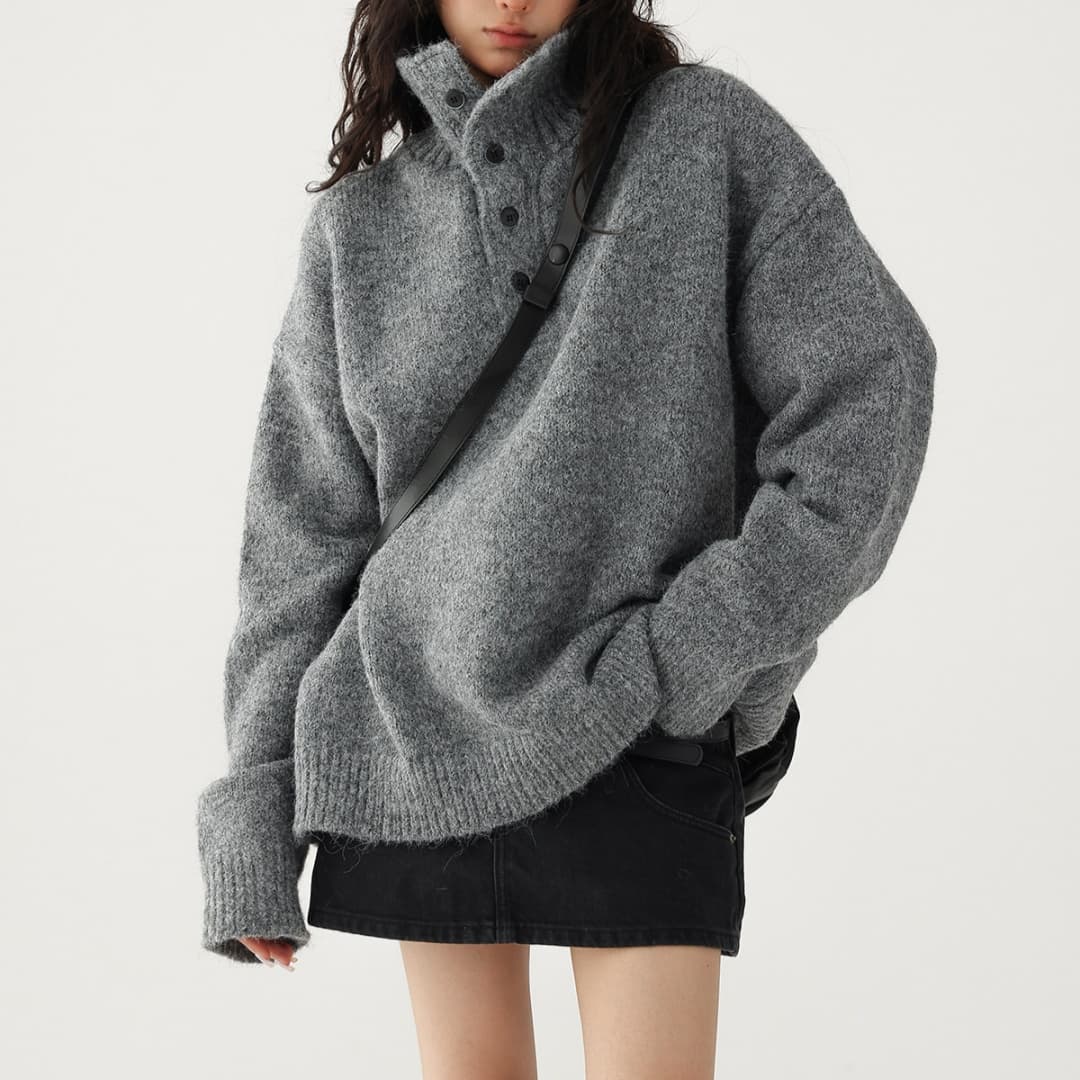 한 부서 단색 단추 반 개방 칼라 터틀넥 풀오버 스웨터 여자 가을 루즈핏 느긋한 바람 두꺼운 보온 스탠드 칼라 맨위 상세 이미지 7