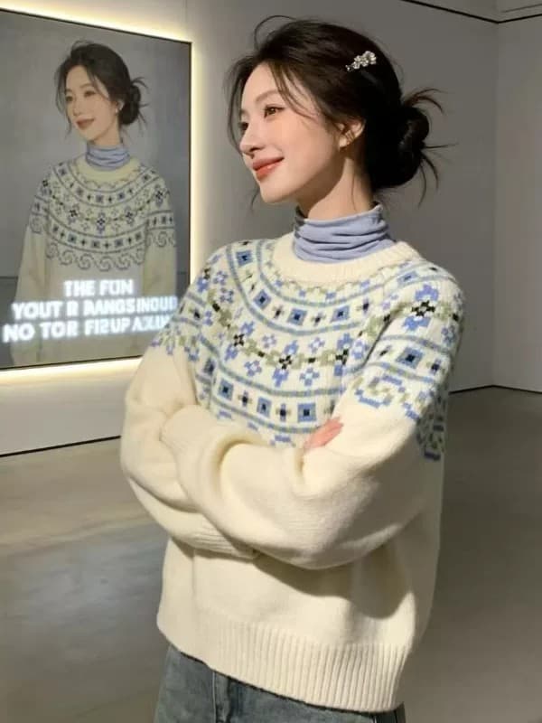 레트로 공정한 섬 스웨터 가을 겨울 소녀 느긋한 고급 센스 무거운 작업 자카드 라운드 넥 풀오버 두꺼운 양모 니트 스웨터 상세 이미지 2