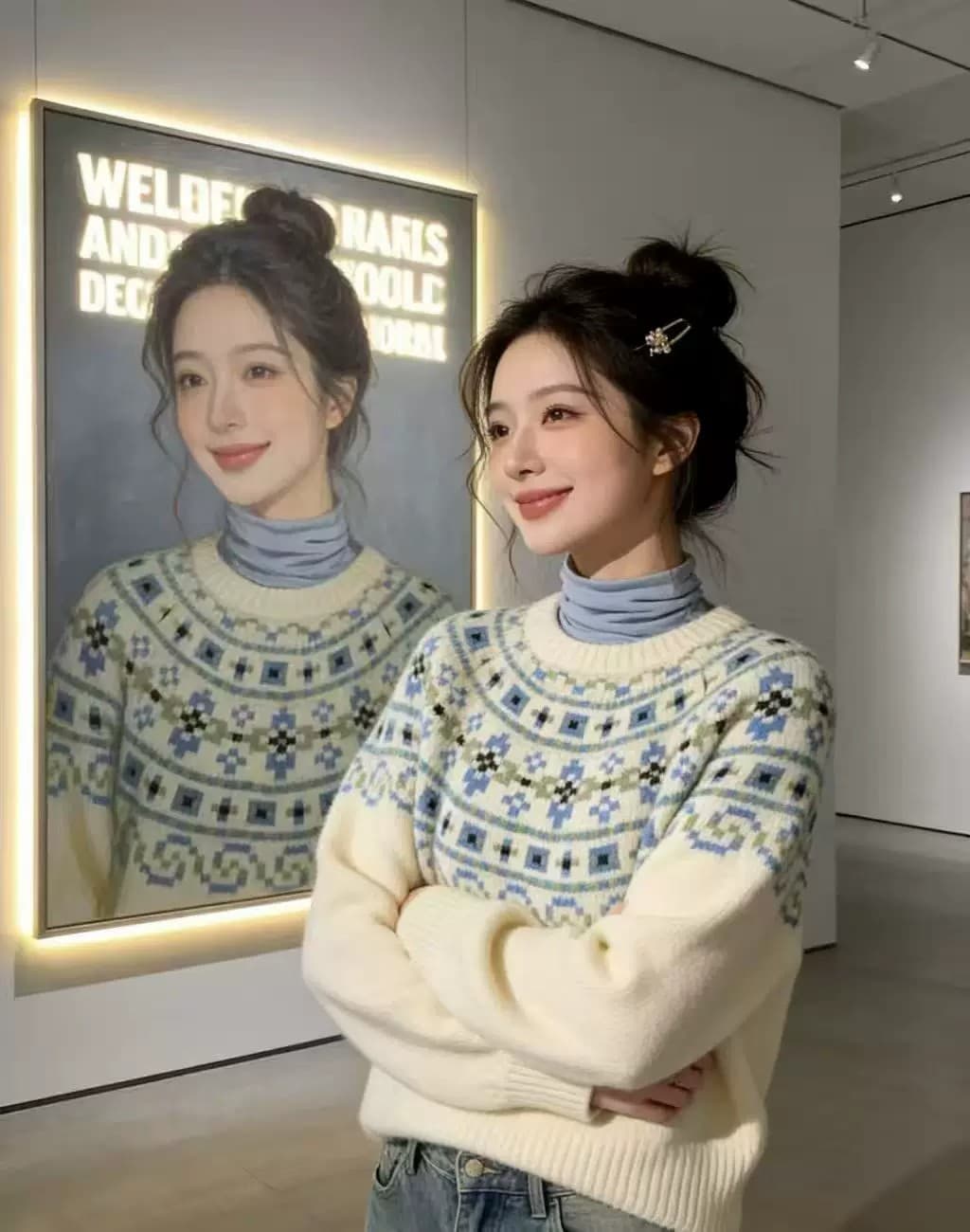 레트로 공정한 섬 스웨터 가을 겨울 소녀 느긋한 고급 센스 무거운 작업 자카드 라운드 넥 풀오버 두꺼운 양모 니트 스웨터 상세 이미지 4