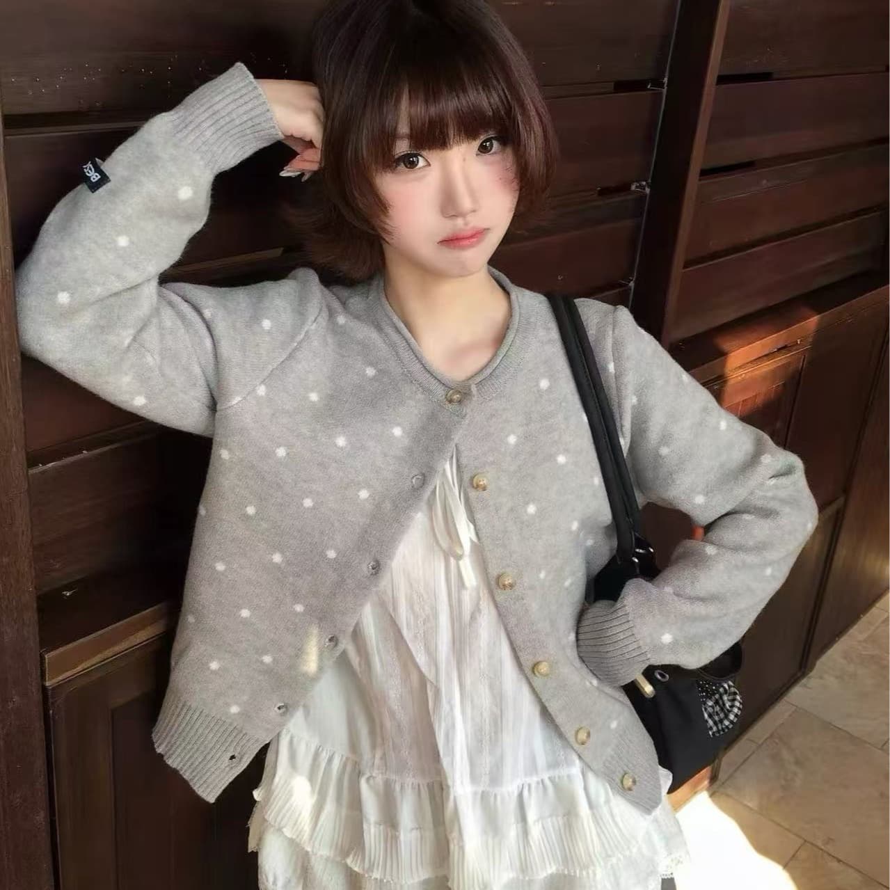 레트로 도트 무늬 자카드 스웨터 니트 오픈 가디건 여성 재킷 2026 봄 가을 느긋한 미니멀리즘 다용도 슬림해 보이는 맨위 상세 이미지 4