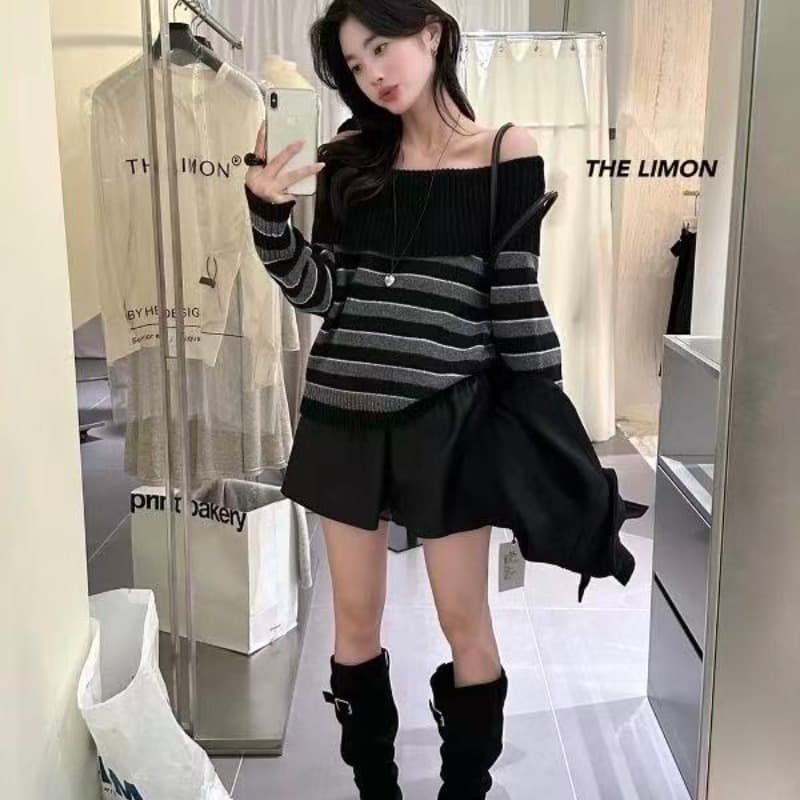 the limon 레몬 녹차 느긋한 바람 스트라이프 배색 보트넥 스웨터 여자 가을 슬림해 보이는 캐주얼 맨위 이미지 5