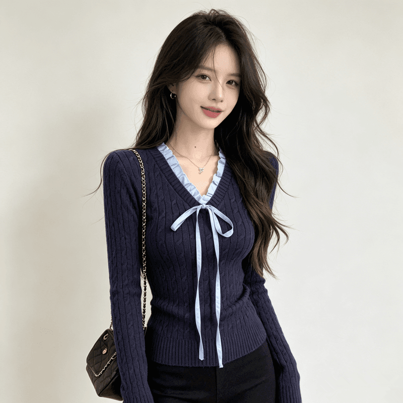 한국 스타일 꽈배기 V넥 레이스업 레이스 기본 셔츠 여성 가을 겨울 순수한 욕망 바람 프릴 인사이드 가져 가라. 스웨터 니트 맨위 상세 이미지 1