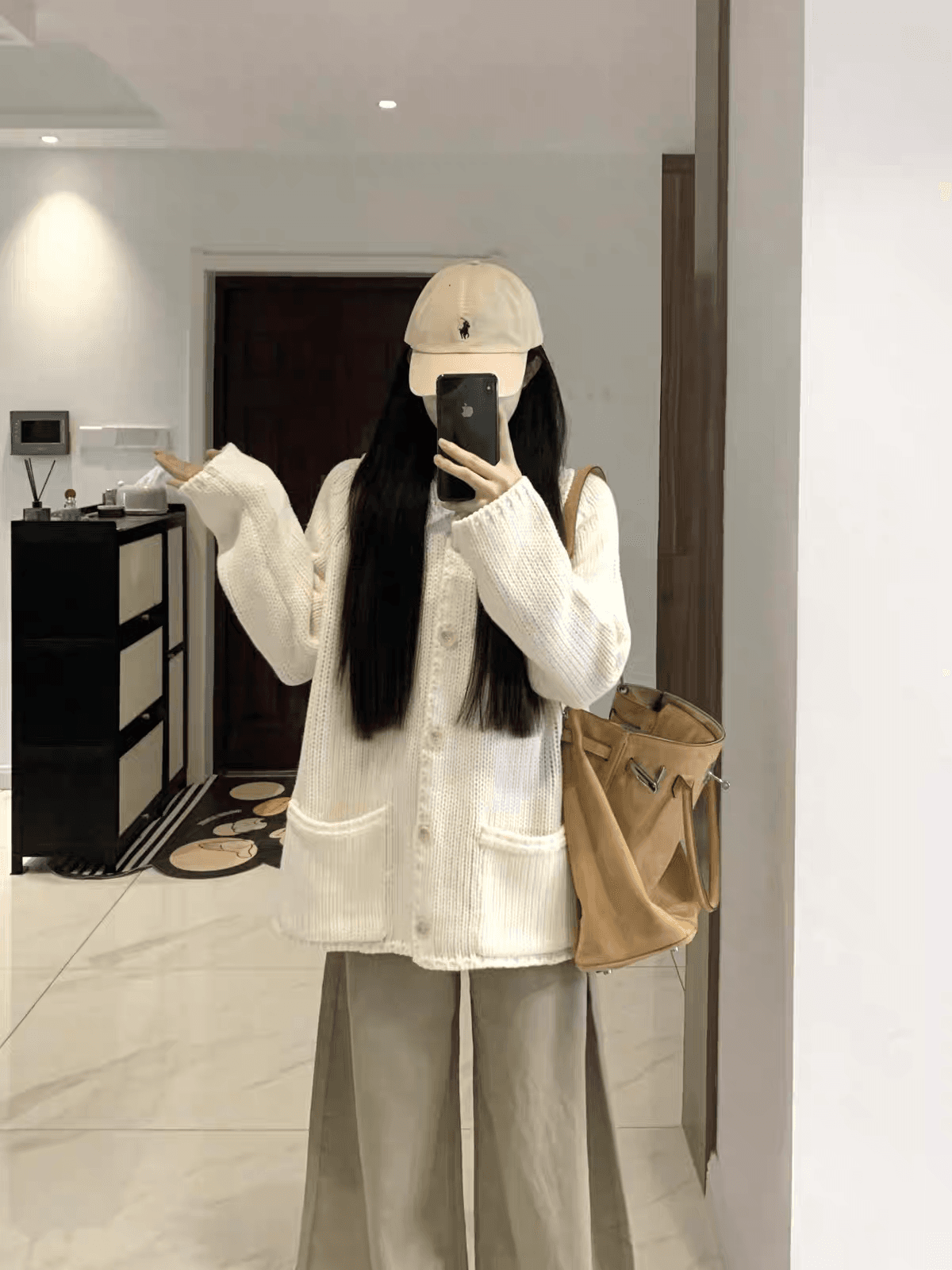 한 부서 무거운 양모 혼방 니트 오픈 가디건 중간 길이 루즈핏 폴로 칼라 스웨터 코트 상세 이미지 1