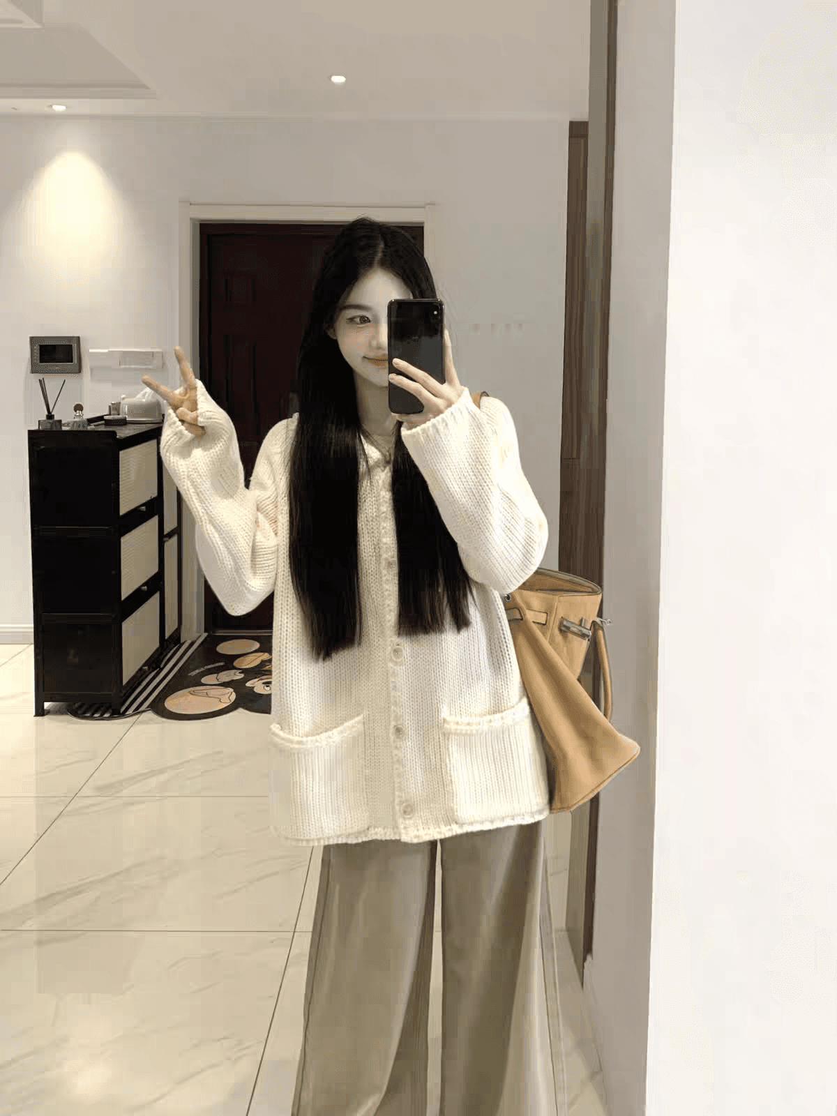 한 부서 무거운 양모 혼방 니트 오픈 가디건 중간 길이 루즈핏 폴로 칼라 스웨터 코트 상세 이미지 4