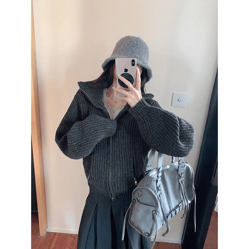 oversize 아메리칸 레트로 지퍼 터틀넥 스웨터 오픈 가디건 여성 가을 겨울 새로운 루즈핏 두꺼운 니트 재킷 이미지 3
