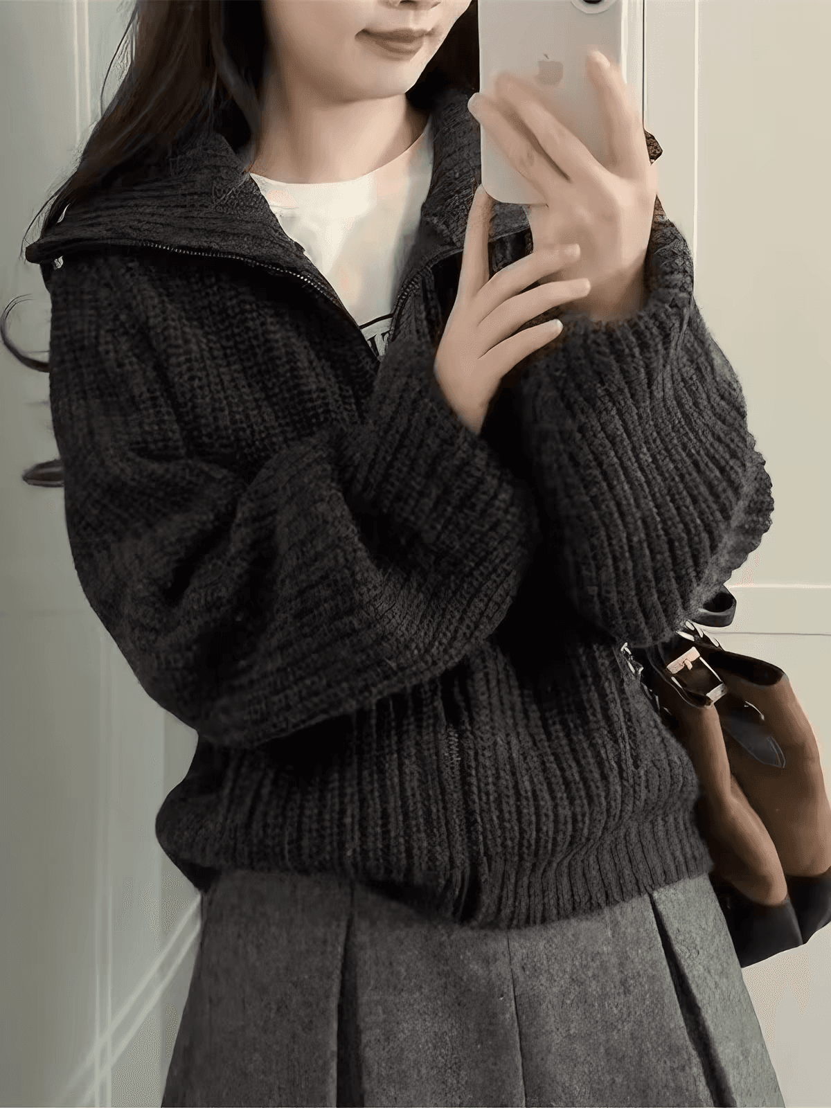 oversize 아메리칸 레트로 지퍼 터틀넥 스웨터 오픈 가디건 여성 가을 겨울 새로운 루즈핏 두꺼운 니트 재킷 상세 이미지 1