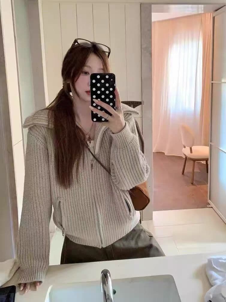 oversize 아메리칸 레트로 지퍼 터틀넥 스웨터 오픈 가디건 여성 가을 겨울 새로운 루즈핏 두꺼운 니트 재킷 상세 이미지 7