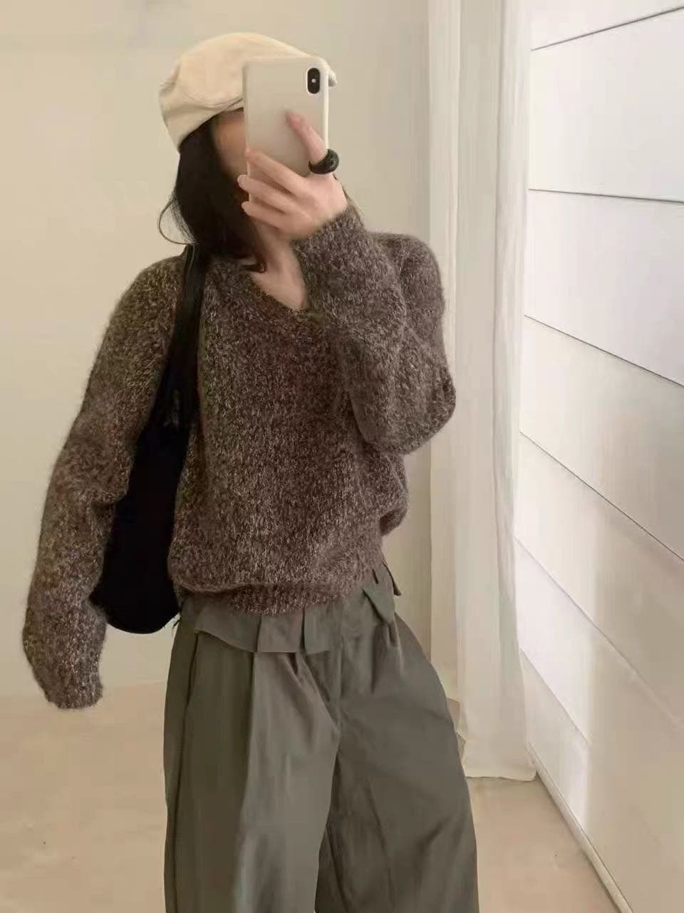 한 부서 레트로 v 칼라 플라워 실 니트 스웨터 여성 가을 겨울 새로운 패션 루즈핏 캐주얼 다용도 보온 인사이드 가져 가라. 스웨터 상세 이미지 2