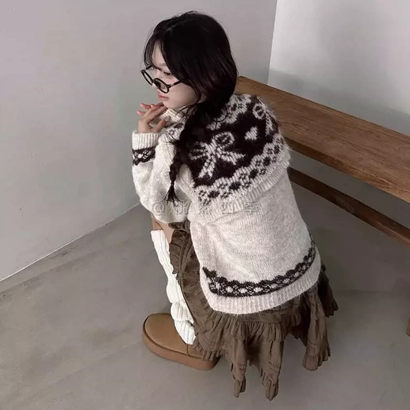 학원 스타일 해군 칼라 숄 V넥 니트 스웨터 여자 가을 겨울 새로운 작은 대중 레트로 자카드 느긋한 바람 맨위 이미지 3