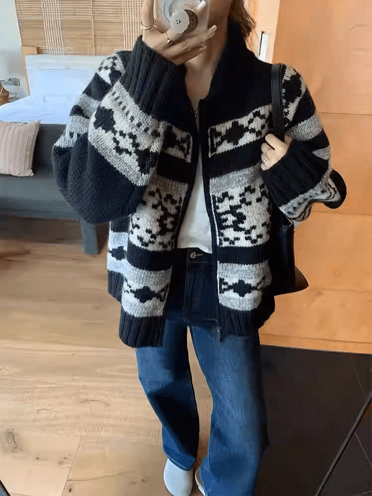 레트로 공정한 섬 자카드 지퍼 니트 스웨터 여성 코트 가을 겨울 새로운 느긋한 루즈핏 두꺼운 오픈 가디건 맨위 이미지 3