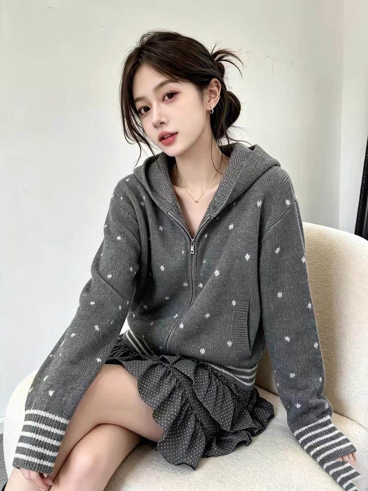 한 부서 레트로 도트 무늬 후드 니트 오픈 가디건 여성 가을 착용 가져 가라. 느긋한 학원 스타일 배색 스트라이프 스웨터 코트 상세 이미지 3