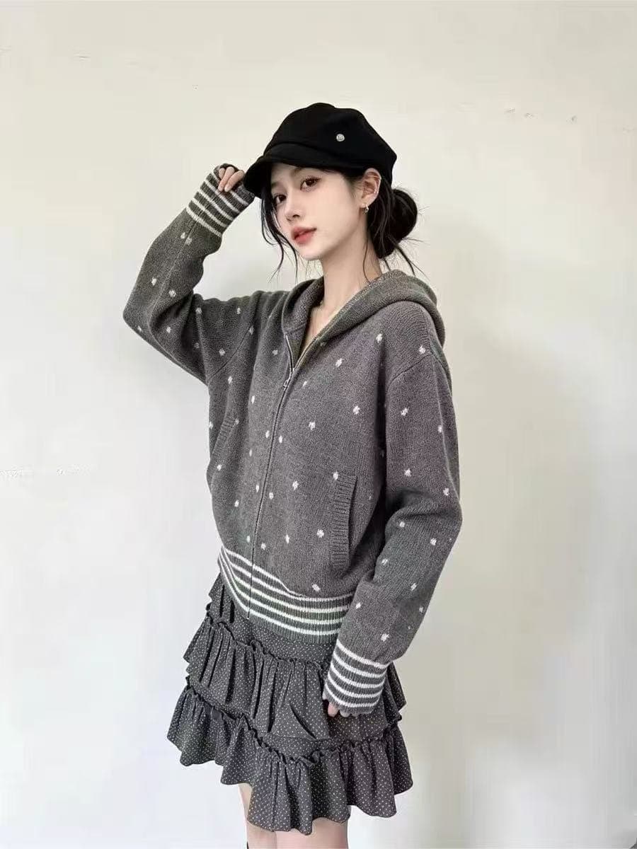 한 부서 레트로 도트 무늬 후드 니트 오픈 가디건 여성 가을 착용 가져 가라. 느긋한 학원 스타일 배색 스트라이프 스웨터 코트 상세 이미지 4