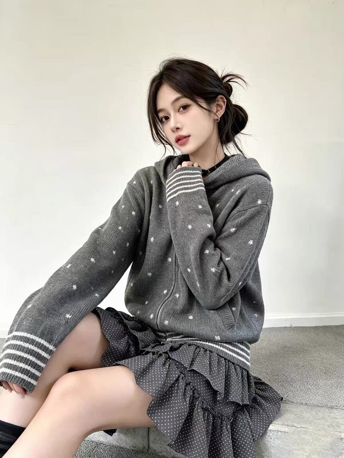 한 부서 레트로 도트 무늬 후드 니트 오픈 가디건 여성 가을 착용 가져 가라. 느긋한 학원 스타일 배색 스트라이프 스웨터 코트 상세 이미지 5