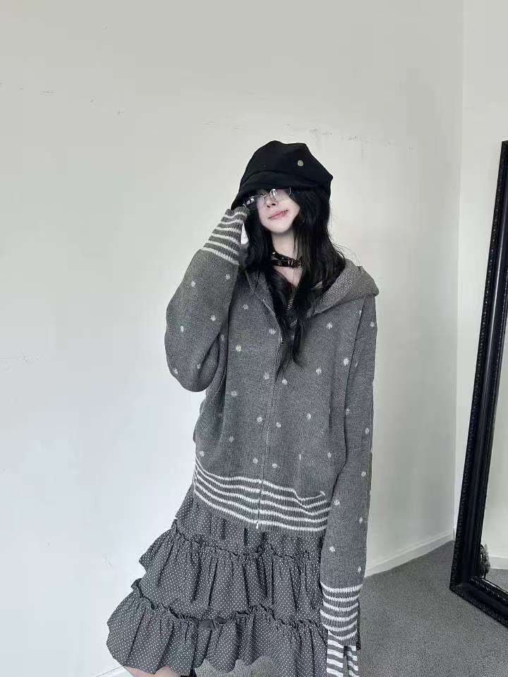 한 부서 레트로 도트 무늬 후드 니트 오픈 가디건 여성 가을 착용 가져 가라. 느긋한 학원 스타일 배색 스트라이프 스웨터 코트 상세 이미지 6